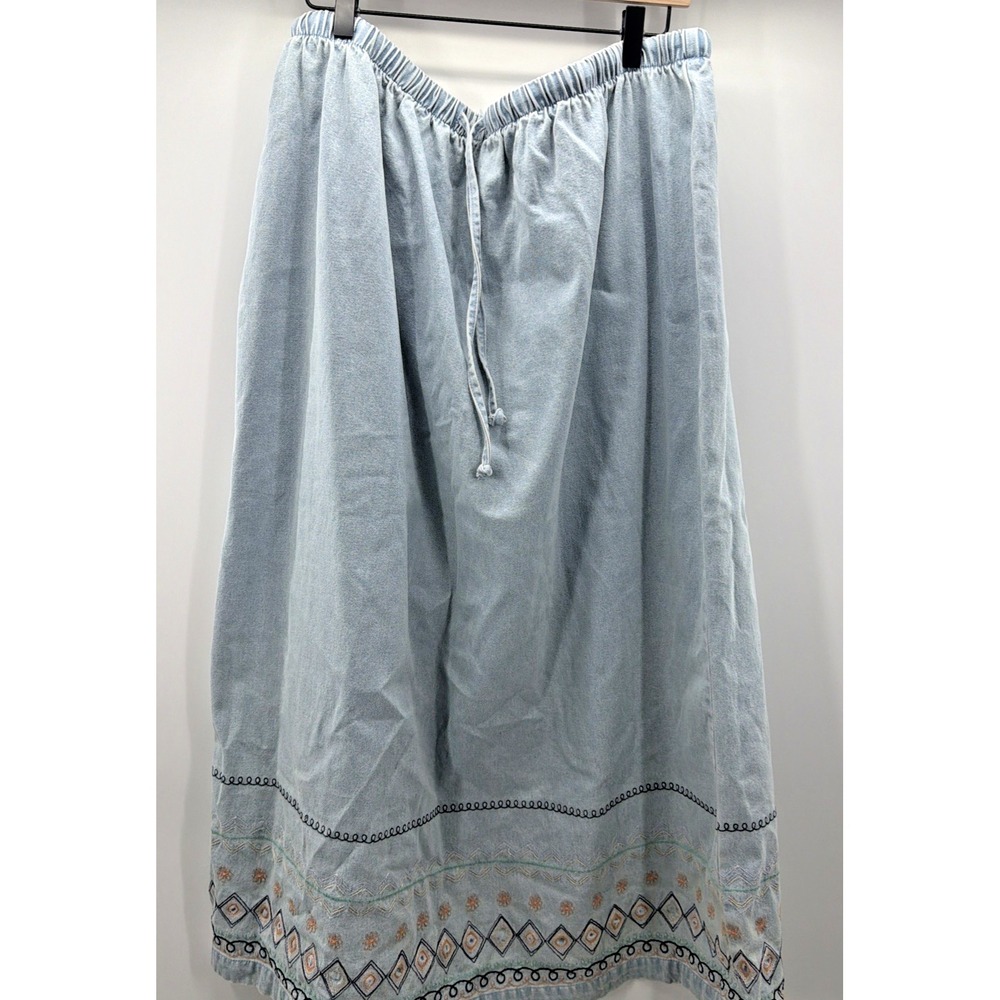 Denim & Co Maxi Skirt Y2K Denim Southwestern Boho Embroidered Drawstring Plus 3X
